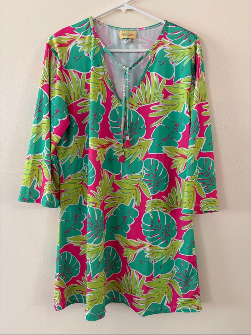 Women's Pink & Teal Tropical V-Neck Swim Coverup with Tie